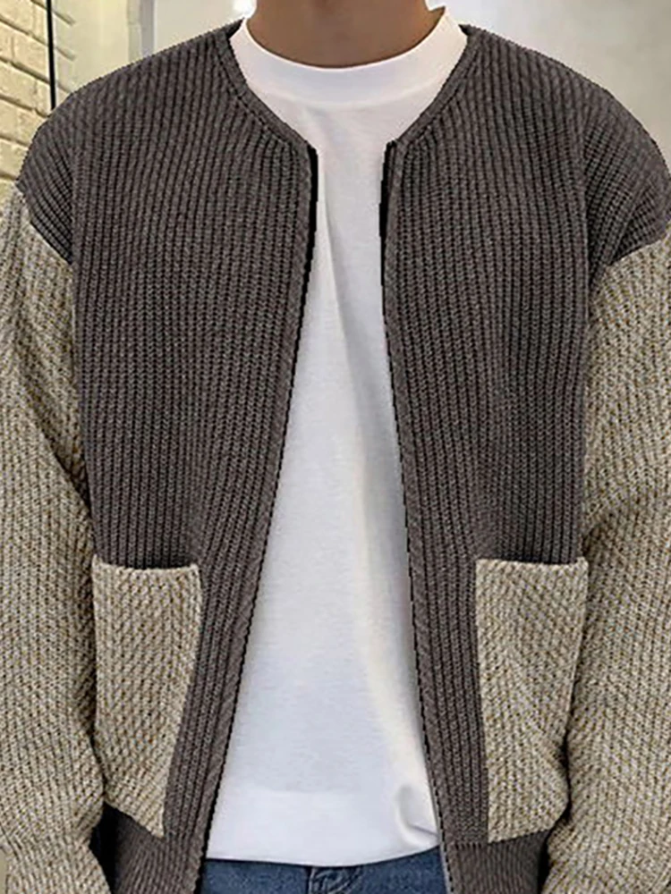 Men Color Block Knit Cardigan Jacket Casual Loose Fit Patchwork Sleeve With Pockets Zipper Front Autumn Winter Sweater Outerwear