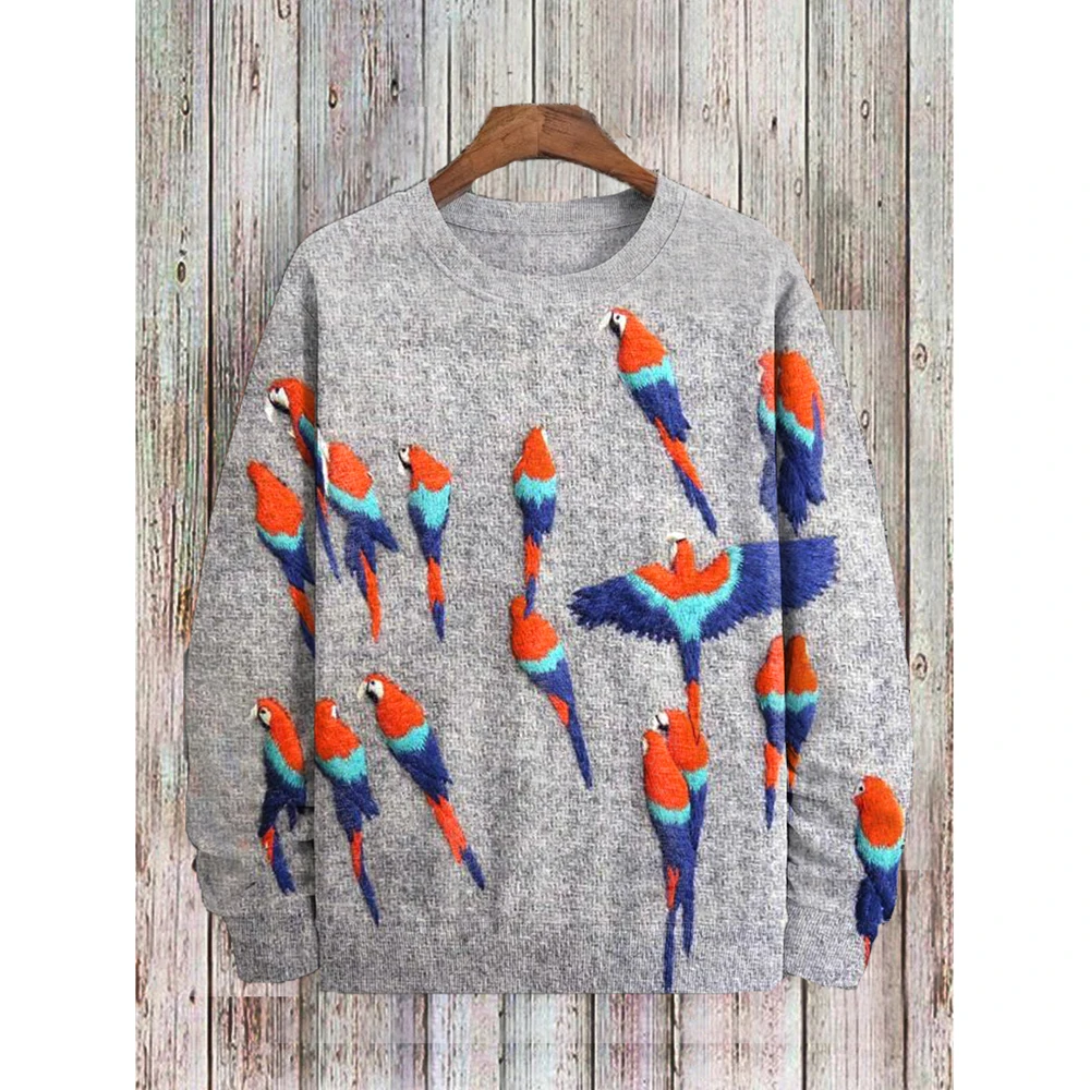 

2024 Men's Casual Long Sleeve Tops Flying Parrot Bird Felt Embroidery Printed Sweatshirt