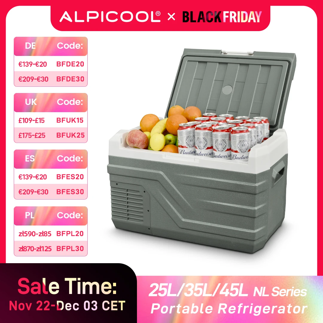 Alpicool NL 25L 35L 45L Car Refrigerator 12V Compressor Fridge Freezer 12/24V DC 100-240V AC Portable Cooler for Camping Travel