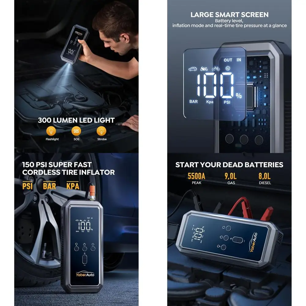

Стартер 9-в-1 с воздушным компрессором 5500A 150PSI Портативный автомобильный аккумуляторный стартер (9L Gas/8L Diesel), 12V Jump Box Car Batt