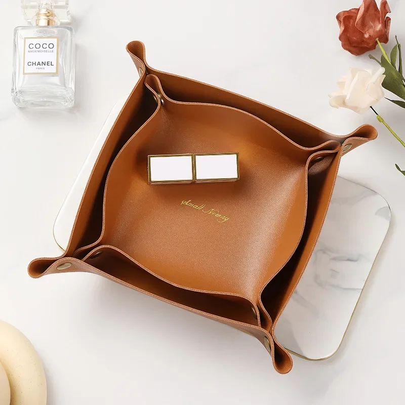 PU Leather Folding Dice Rolling Tray Collapsible Retro Doorway Porch Key Storage Pan Desktop Remote Control Storage Box