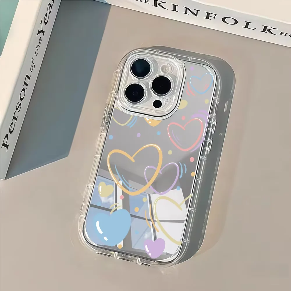Pastel Hearts Silver Makeup Mirror Phone Case For iPhone 18 17 16 15 14 13 12 11 Pro Max XR XS 7 8 PLUS 17air Shockproof Cover - view 2