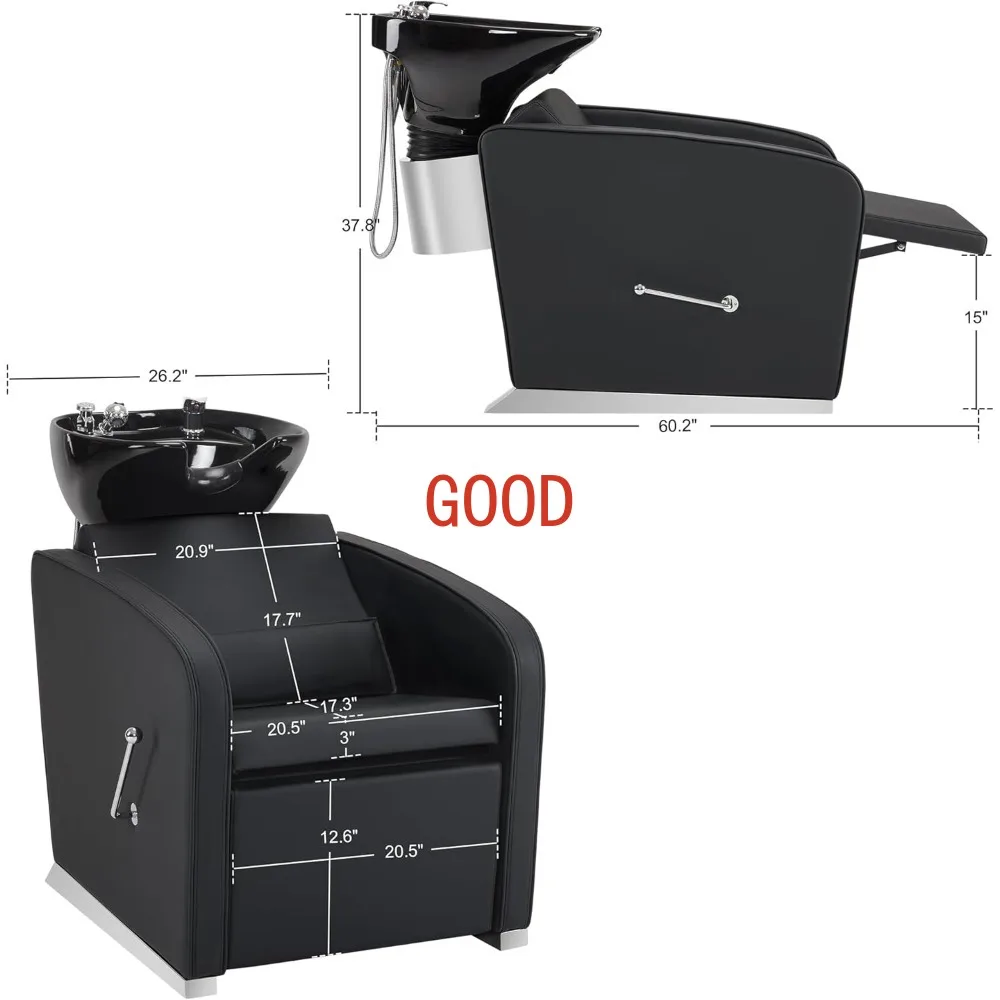 Backwash Shampoo Station Chair, Adjustable Porcelain Ceramic Hair Wash Bowl Sink Unit Station, Reclining Shampoo Station Chair