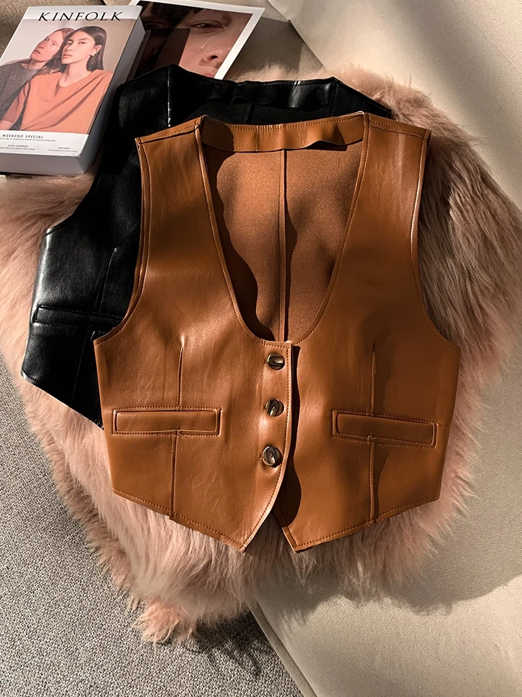 Retro PU Leather Vest Women's Autumn Jacket All-Match Solid Color Single Breasted Deep V-neck Streetwear