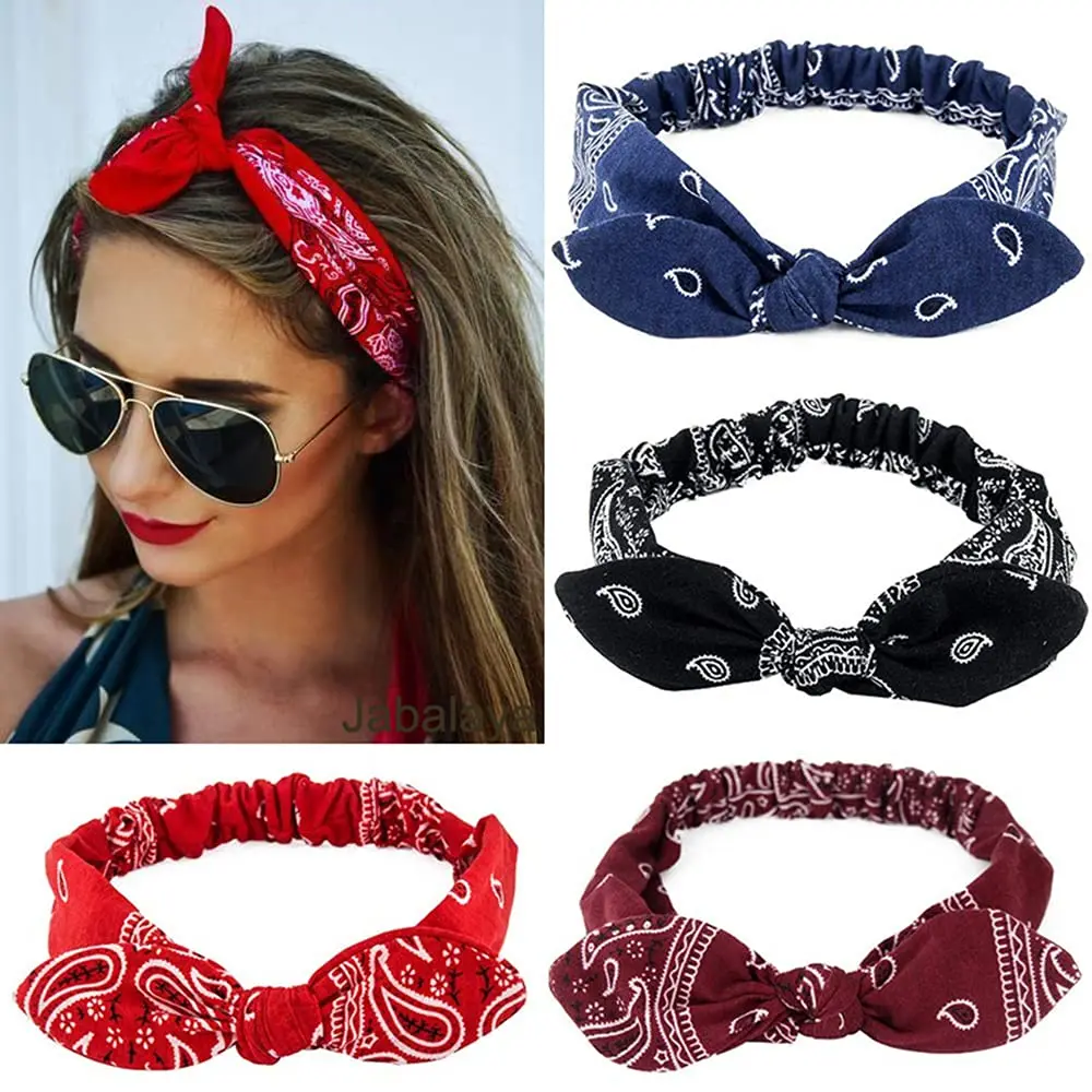 Boho Bow Headbands for Women Cute Rabbit Ear Hairbands Elastic Cashew Print Head Wraps Vintage Bandana Bandage Hair Accessories