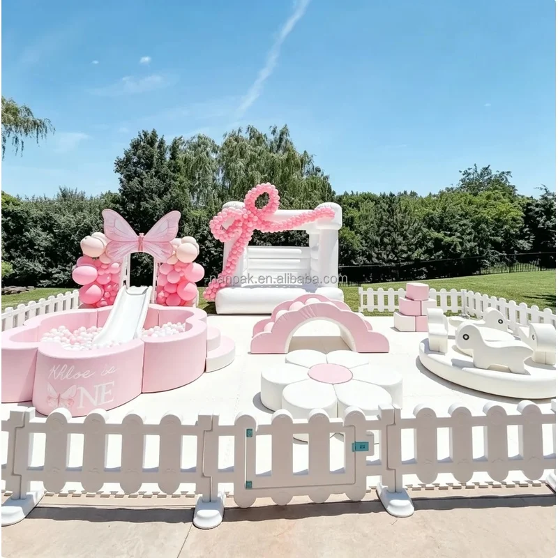 Commercial White Inflatable Bounce Castle Soft Play Set Pyramid Climber With Ball Pit Climbing for Kids Party Event Rental