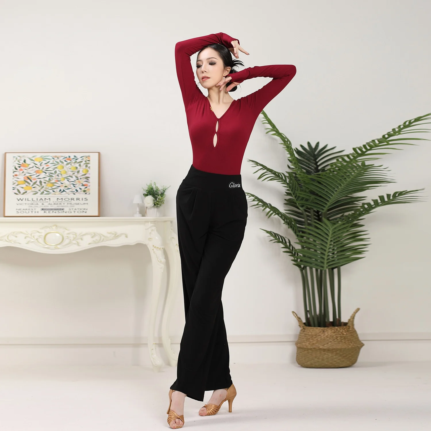 2025년 신상 여성용 라틴 댄스 탑 긴 소매 연습 셔츠 삼바 차차 탱고 성인 여성 라틴 댄스 의상 XH3382