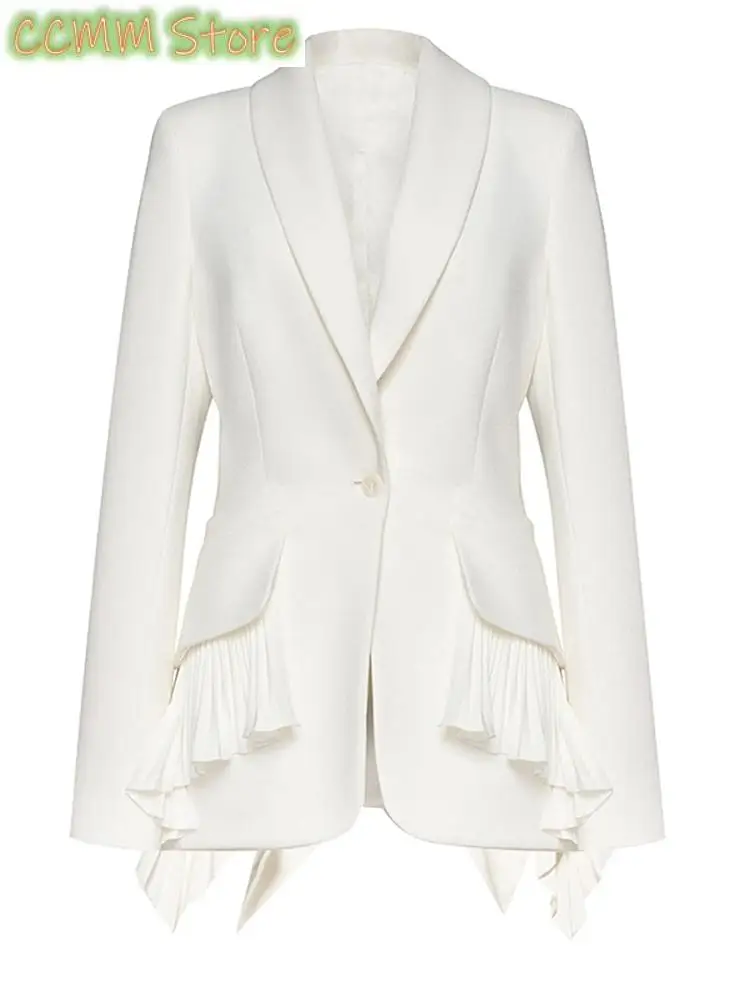 Women White Irregular Pleated Ruffles Elegant Blazer New Lapel Long Sleeve Jacket Fashion Tide Spring Autumn