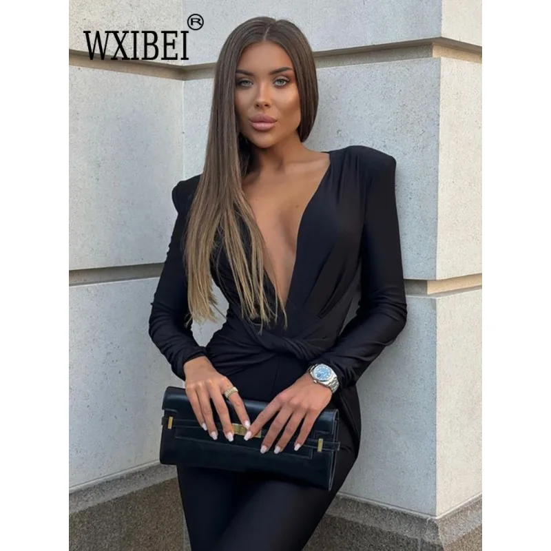 WXIBEI Diepe V-hals Lange Mouw Skinny Jumpsuits Vrouwen Rompertjes Elegante Zwarte Hoge Taille Ruches Slanke Sexy Jumpsuit Outfits