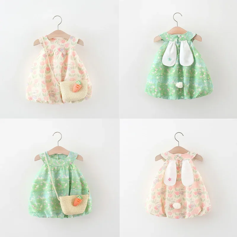 2 New Summer Baby Girl Dresses Sweet Little Bunny Sleeveless Princess Dress Paired with Cute Crossbody Bag Suitable for Ages 0-4