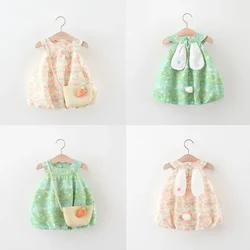 2 New Summer Baby Girl Dresses Sweet Little Bunny Sleeveless Princess Dress Paired with Cute Crossbody Bag Suitable for Ages 0-4