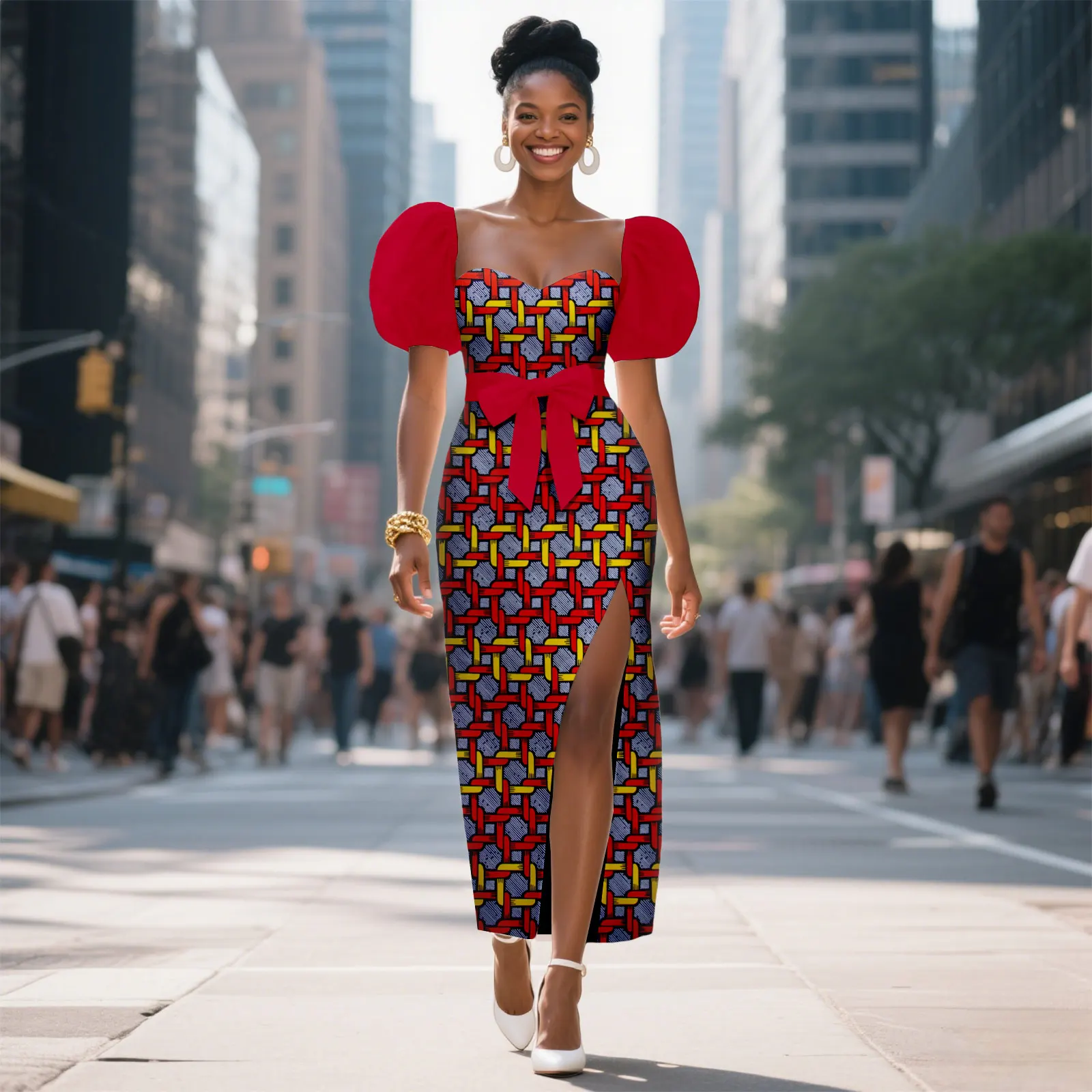 

African Ankara Printed Fabric Women's Dress with Bubble Sleeves and Belt Accessory 2525085