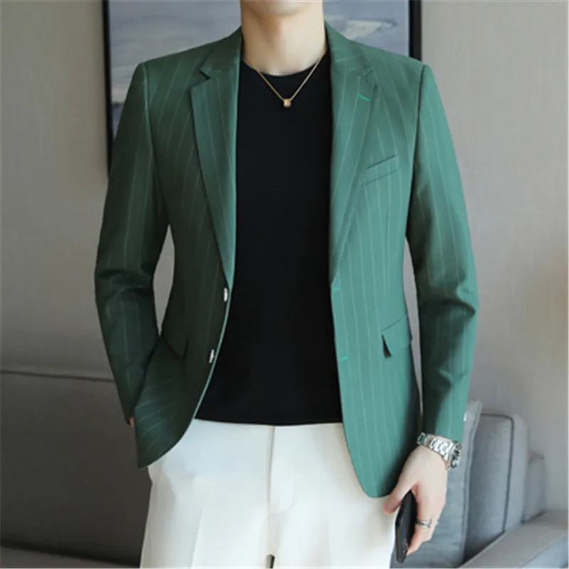 

Luxury Man Suit Single Breasted Blazer Big 5XL Long Sleeve Green Striped Men Costume Slim Fit Casual Jacket Coat Male Clothes