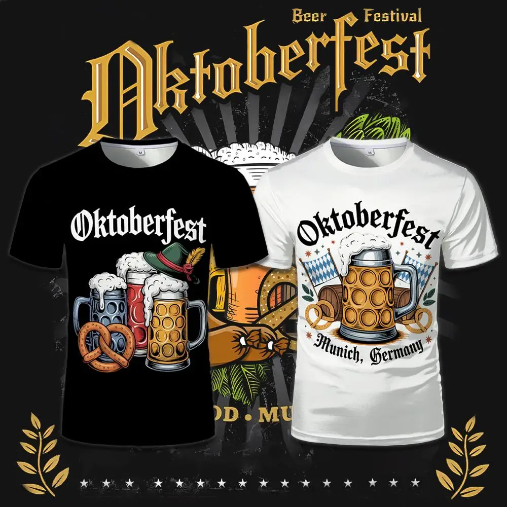 

Munich Oktoberfest Street Fashion T-shirt Funny Beer Mug Pattern Festival Clothing Party Gathering Loose Casual Round Neck Tops