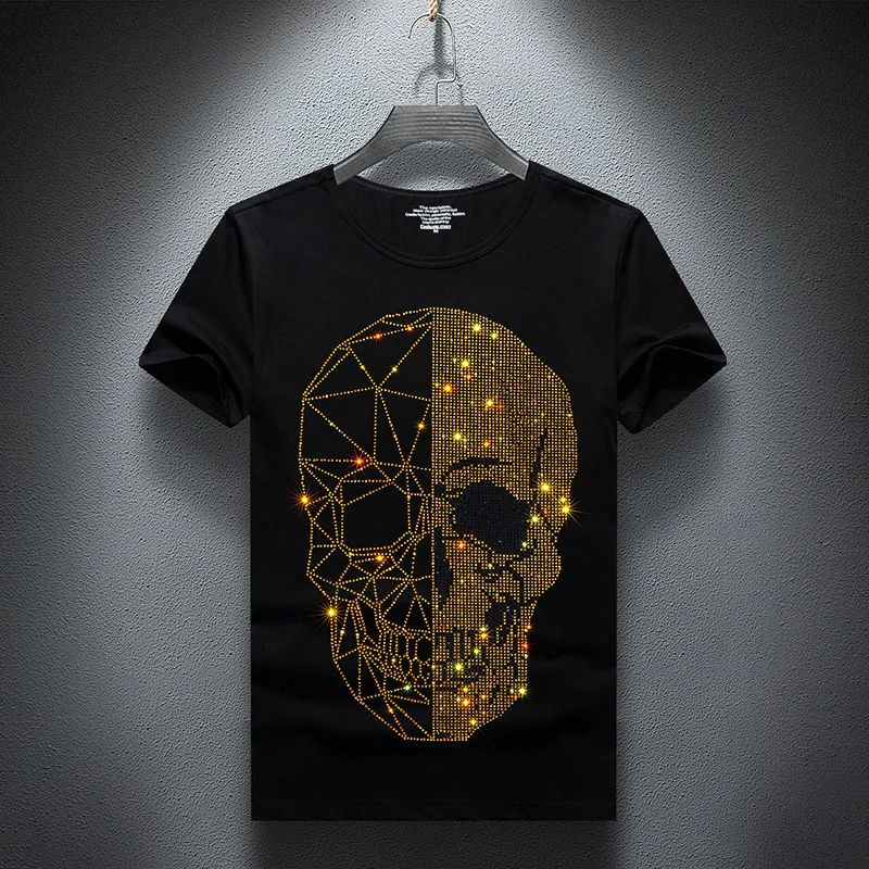 

Rhinestone Skulls High-End T Shirt For Men Short Sleeve Elastic Summer Quality Soft Comfortable Casual Camisetas De Hombre S-7XL