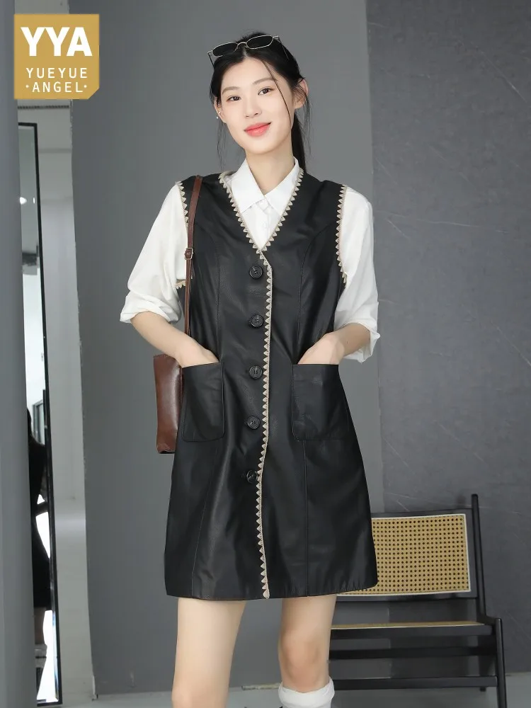 French Style Elegant Ladies V Neck Genuine Leather Sundress Women Black Cowhide Mid-length Sleeveless Dress Leisure Date Dresses