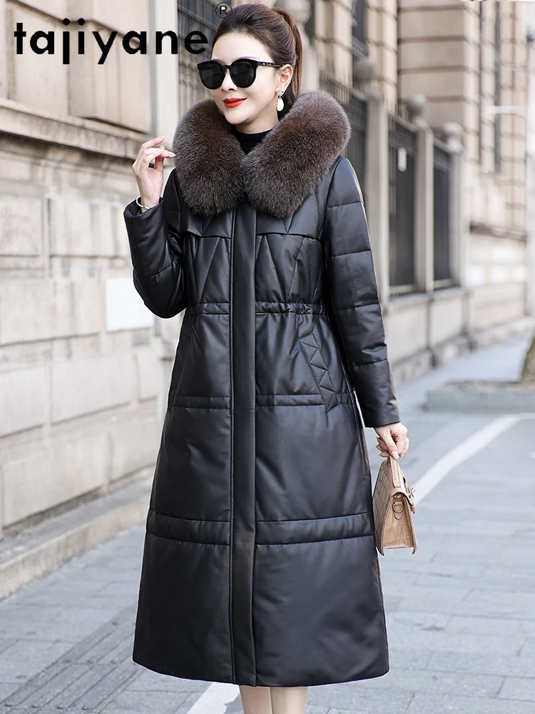 TAJIYANE الأبيض أوزة أسفل معطف امرأة جلد الغنم حقيقية سترات من الجلد الثعلب الفراء طوق مقنعين سترة منفوخة 2025 ملابس حريمي كورت