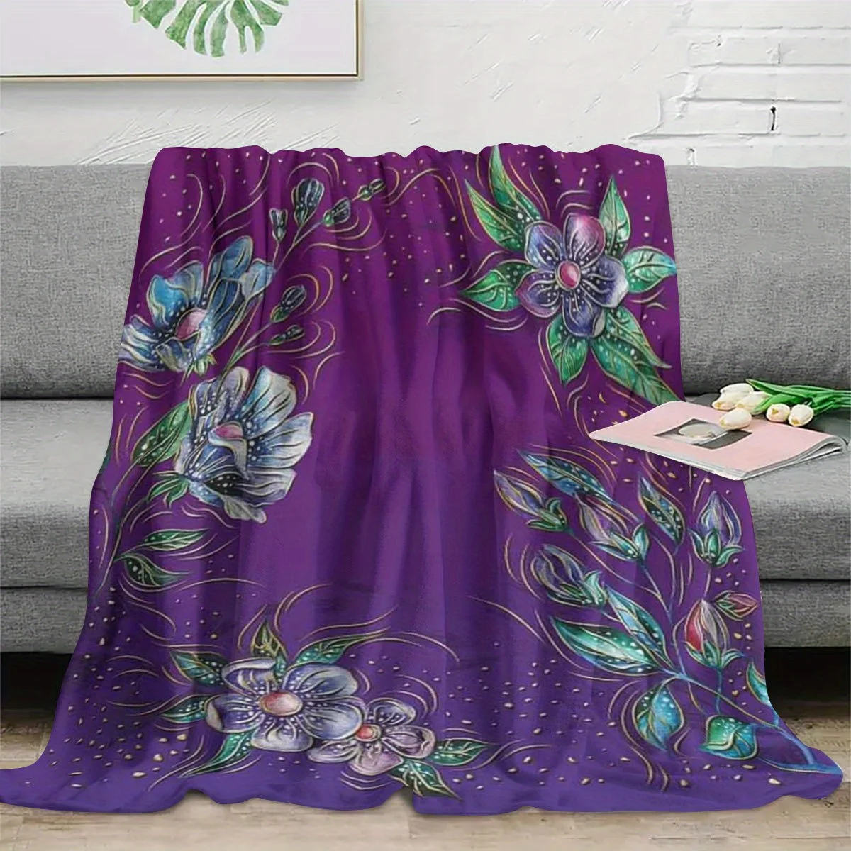 Large Purple Floral Print Throw Blanket Microfiber Cozy Sofa Couch Decor Bohemian Tapestry Fleece Winter Warm Gift