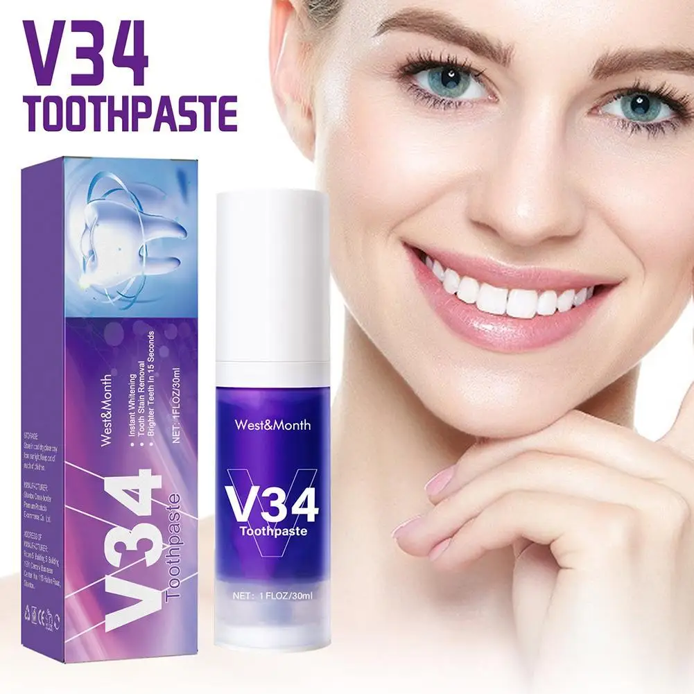 30ml Teeth Whitening Toothpaste V34 Color Tooth Correction Whitener Teeth Purple Non-Invasive Whitening Toothpaste Gum Oral Care