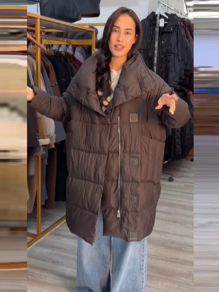 New Women Wrap Style Mid-length Puffer Jacket Integrated High Scarf Collar Asymmetric Placket Loose Warm Quilted Padded Coat
