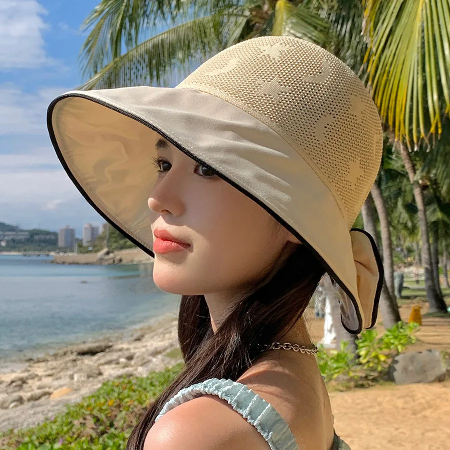 

Color Blocking Bow Fisherman's Hat Women Spring and Summer Sun Hat Sunscreen Hat Vinyl UV Sun Hat UPF50+