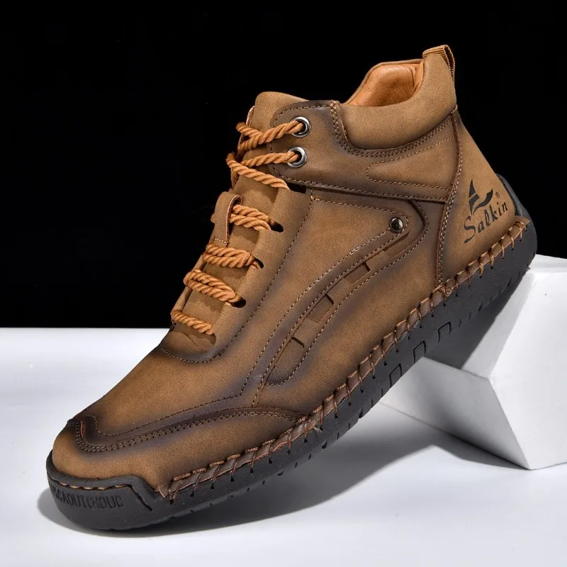 Spring Autumn Men's Hand‑Stitched High‑top Shoes Lace‑Up Non‑Slip Thick Sole Daily Casual Footwear Size 38‑48