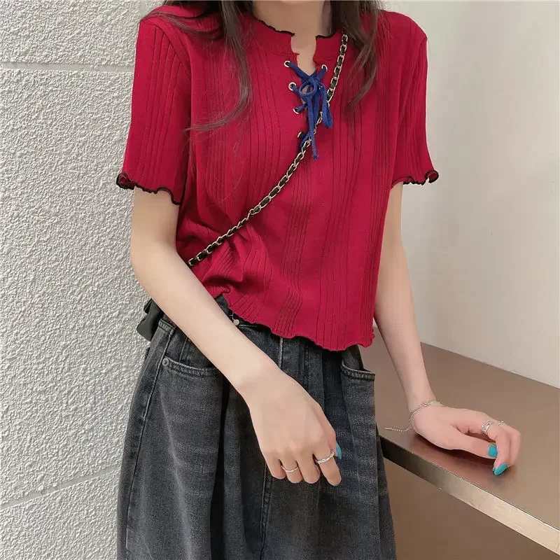 2025 Women T-shirt Solid Lace-up Short Sleeve Knit Shirt Summer Slim Thin Short Tops Casual Cute T-shirt Female