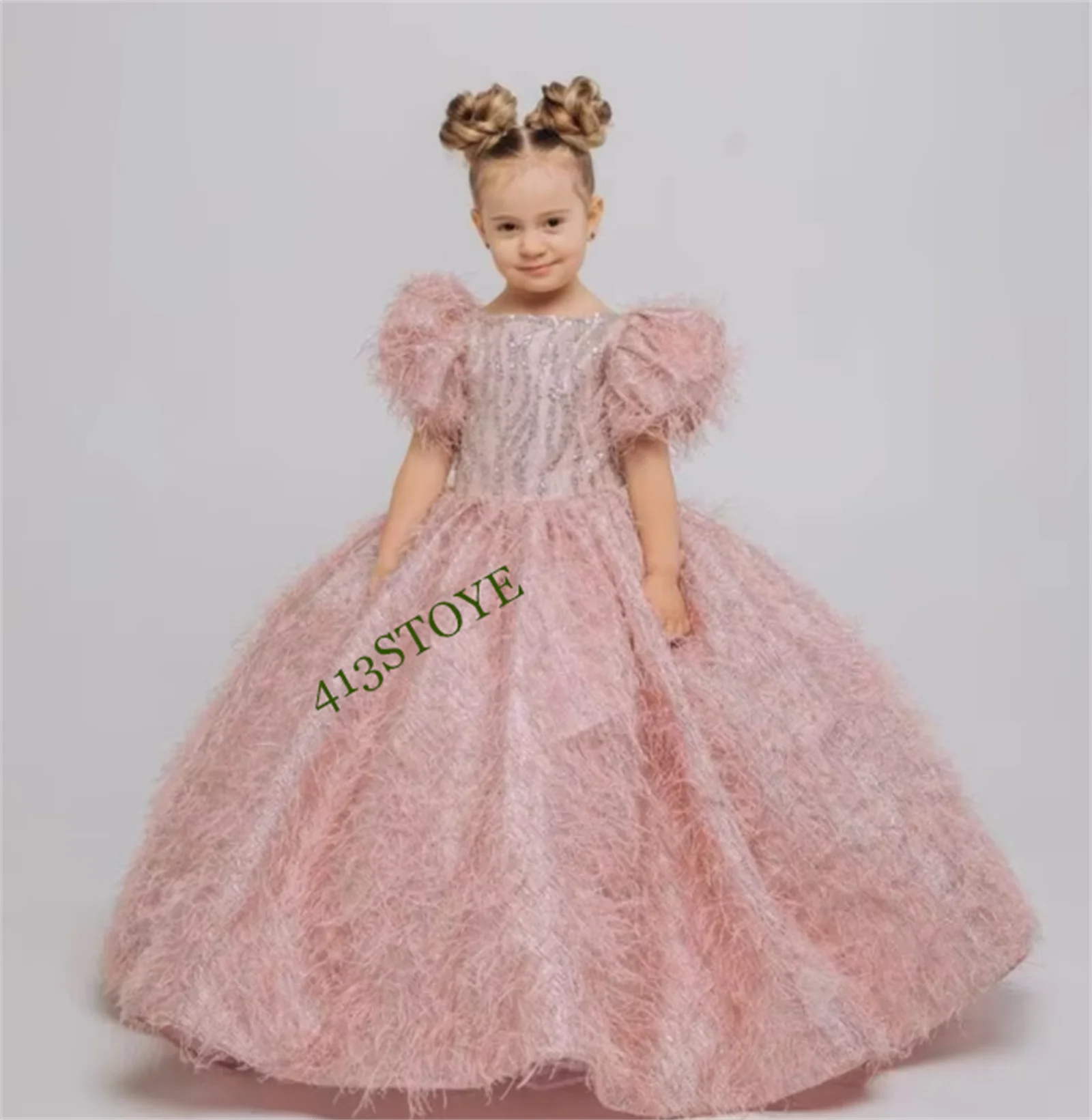 

CustomizedGorgeous Pink Girls Dresses O Neck Short Sleeves Princess Pageant Dress Prom Gown Flower Girl Dress for Wedding Kid Si