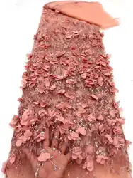 Tissu Africain en Dentelle Française avec Paillettes, Fleurs 3D en Rose, Filet de Haute Qualité, pour Mariage, 2022