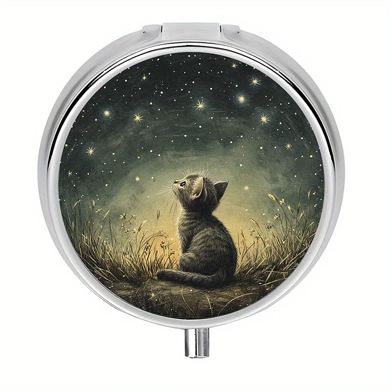 Single pack, mini pill box with 3 compartments, cat starry sky design, vitamin pill storage box, metal mini pill box, decorative metal storage for medication and vitamins
