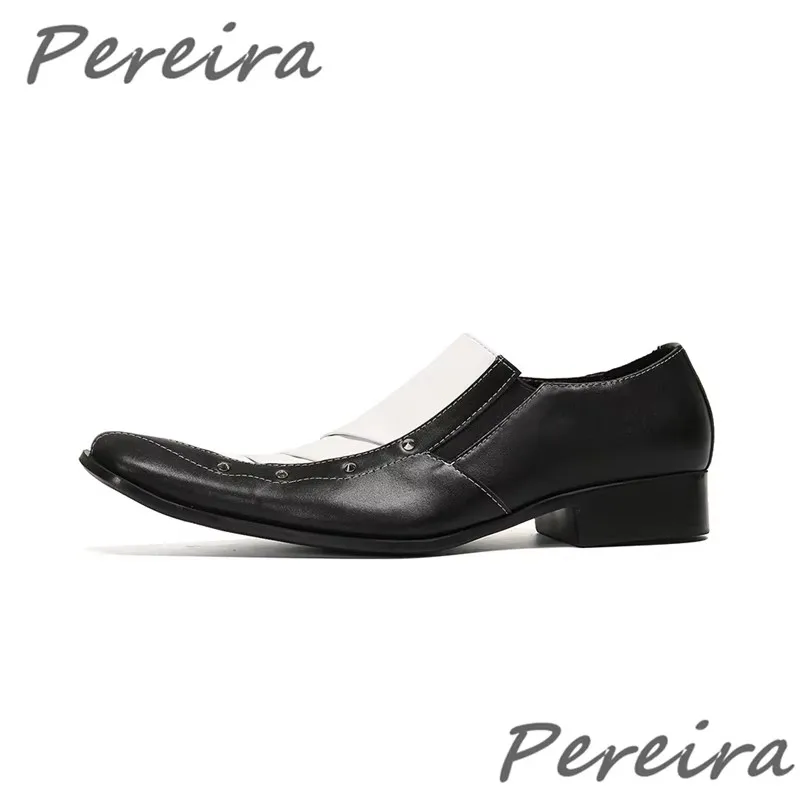 Men Square Toe Rivet Business Casual Shoes Black White Mixed Colors Genuine Leather Loafers Fashion Party Banquet Wedding Shoes