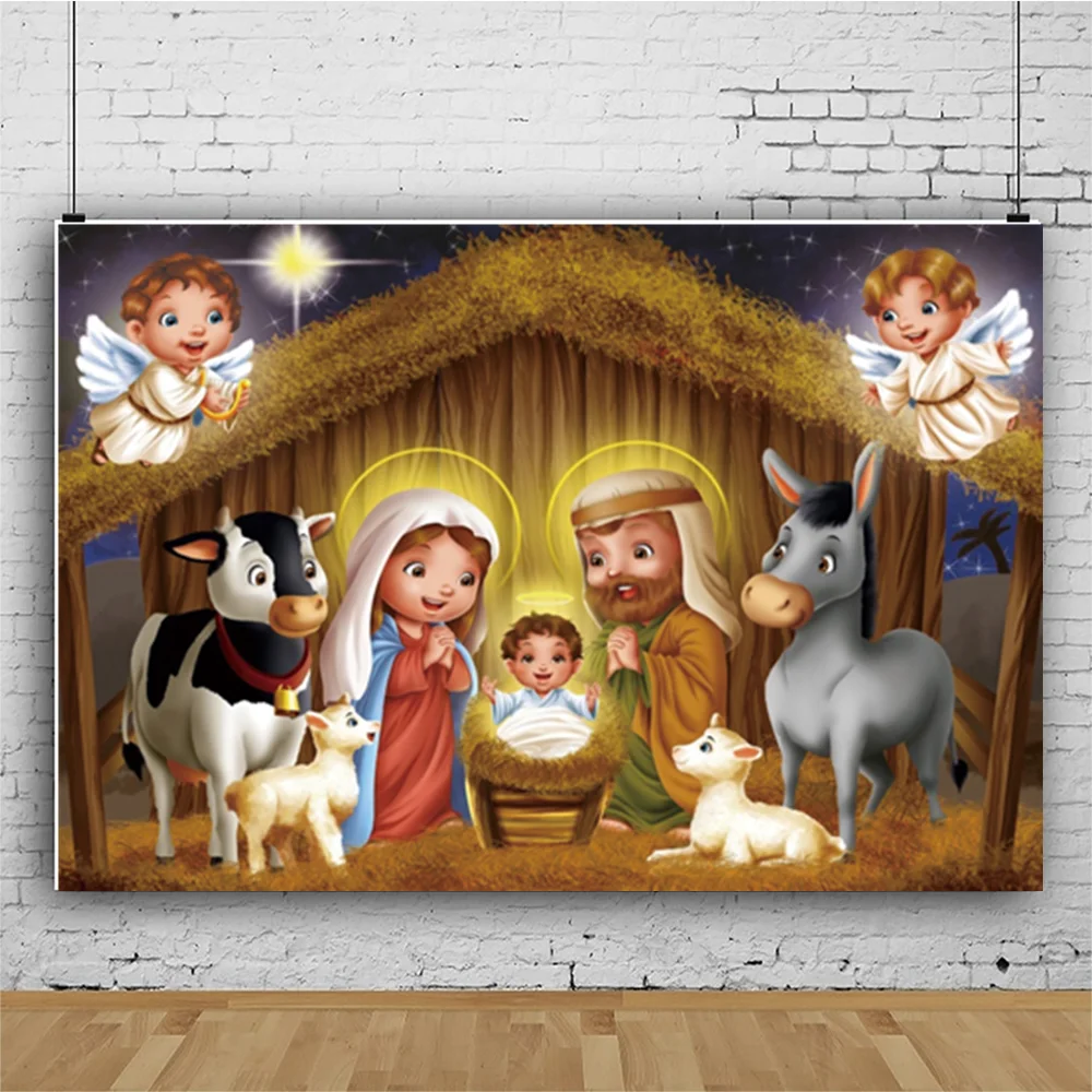 Birth of Jesus Backdrop Christmas Night Manger Nativity Scene Background Barn Stable Christianity Photography Studio Photo Booth