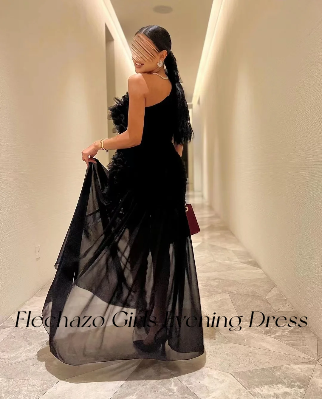 Flechazo Black Chiffon Evening Dresses One Shoulder Pleated Tiered Illusion Elgeant Party Dress For Women 2024 فساتين السهرة