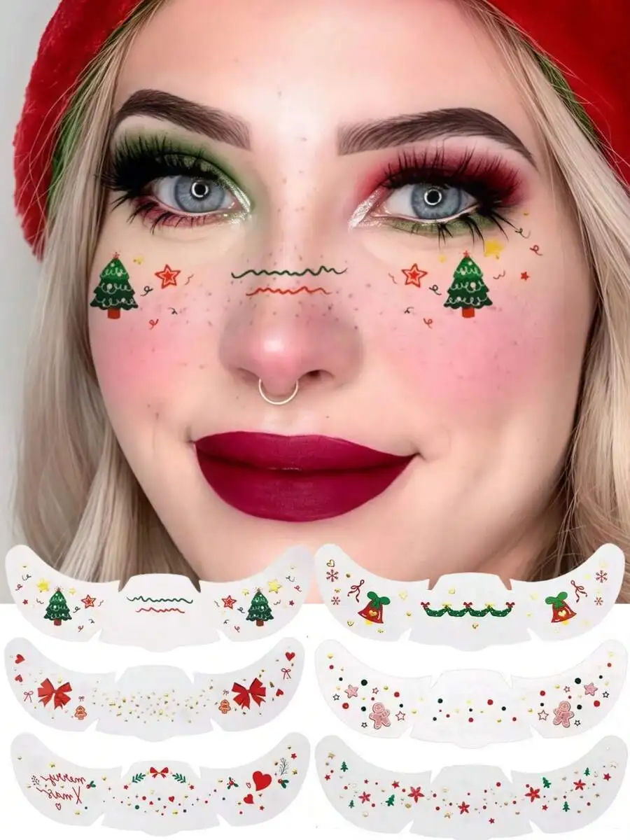 6pcs Christmas Freckle Face Temporary Tattoos, Patterns Include Christmas Tree, Bow, Gingerbread Man, Bell, Cute & Waterproof, Suitable For Christmas Party, Music Festival, Christmas Elf, Santa Claus Cosplay And More