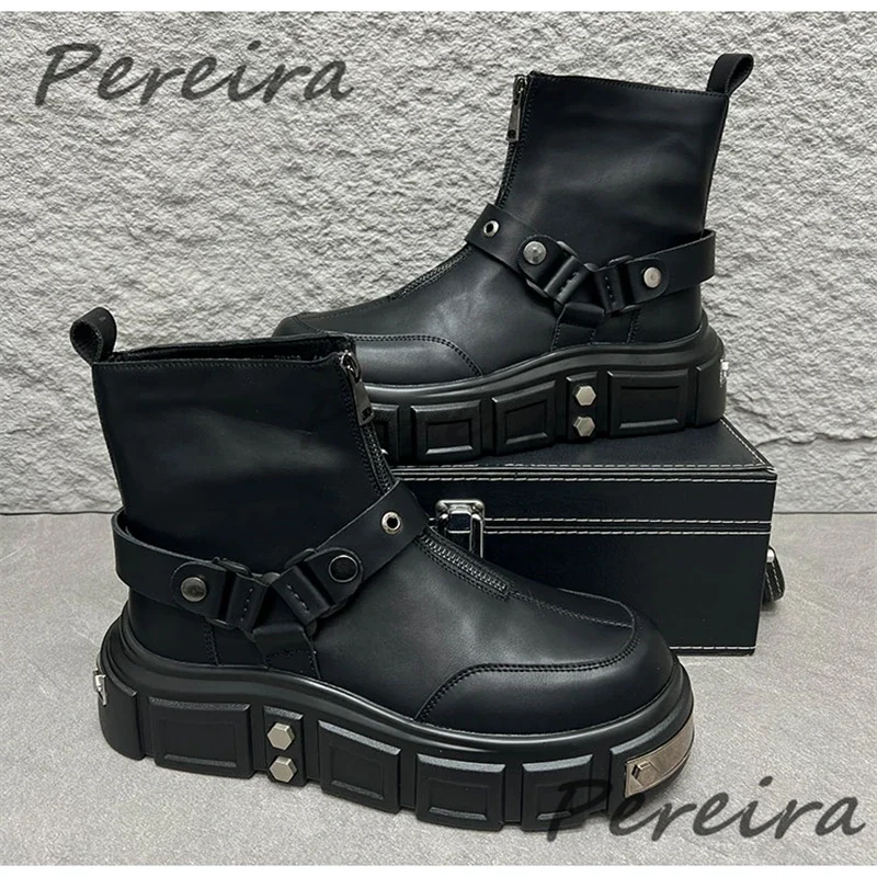 

Мотоциклетные ботинки с металлическим декором и пряжкой на ремне, модные мужские короткие ботинки на толстой подошве, увеличивающие рост, высокие туфли на молнии для интерьера