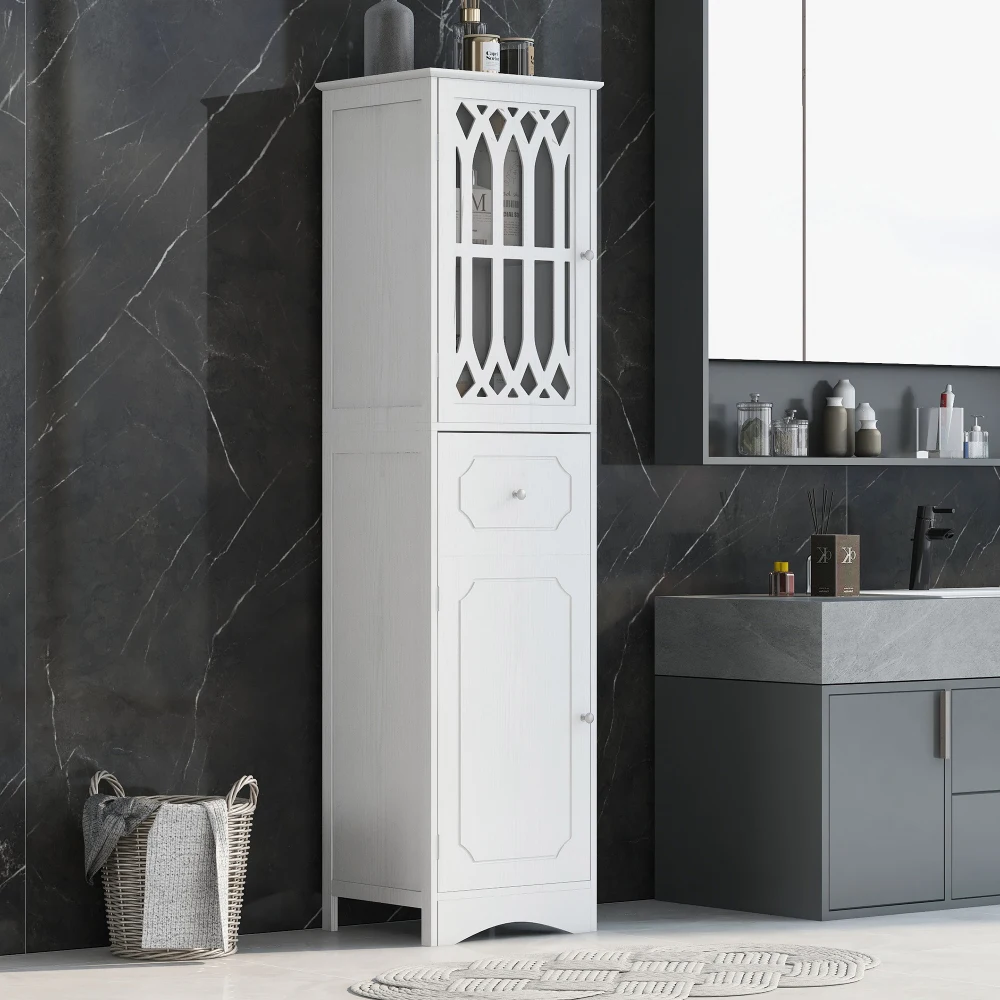 Tall Bathroom Cabinet, Freestanding Storage Cabinet with Drawer and Doors, MDF Board Acrylic Door,Shelf White Bathroom Furniture