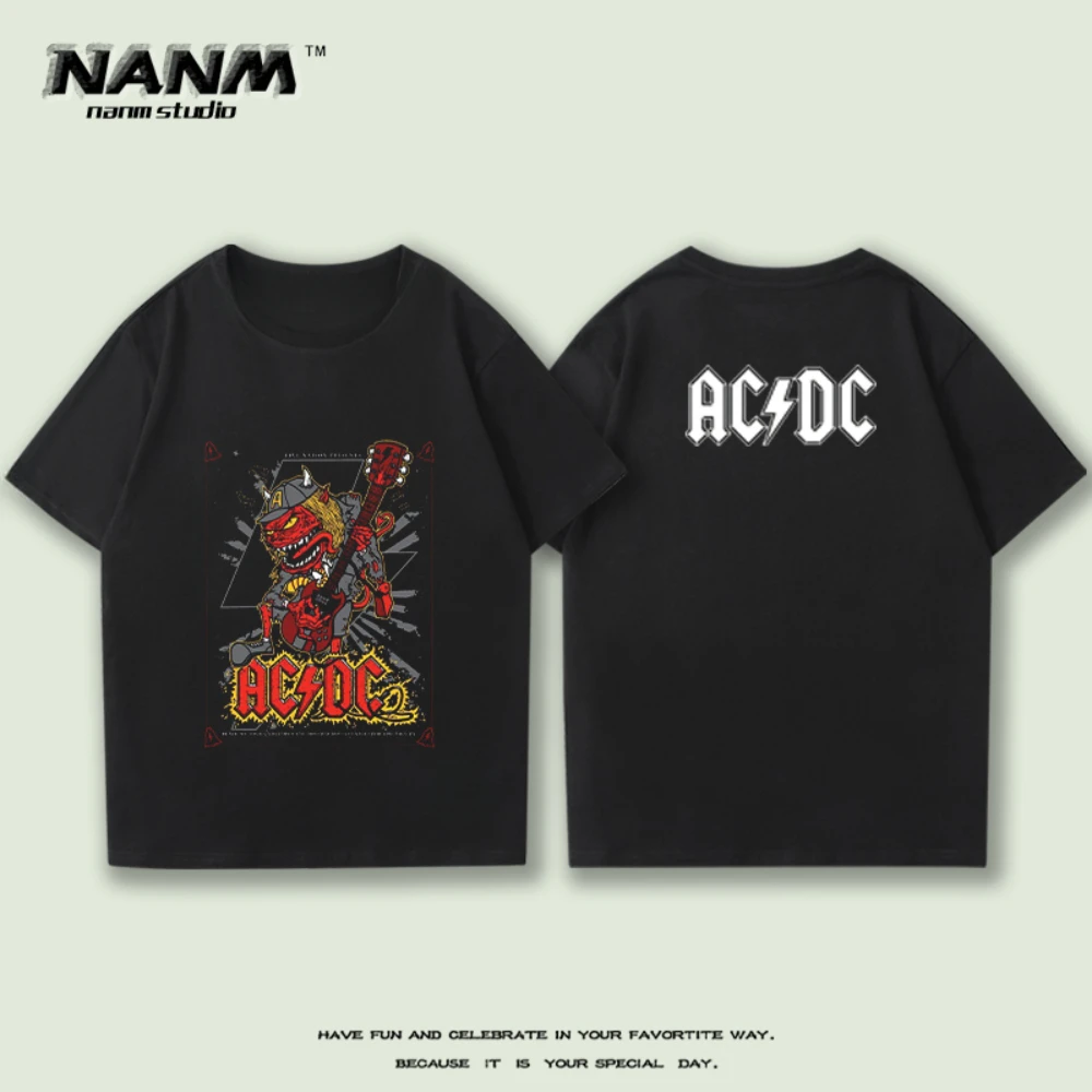 ACDC band peripheral short sleeve 100% cotton T-shirt male heavy metal American street vintage loose casual short sleeve