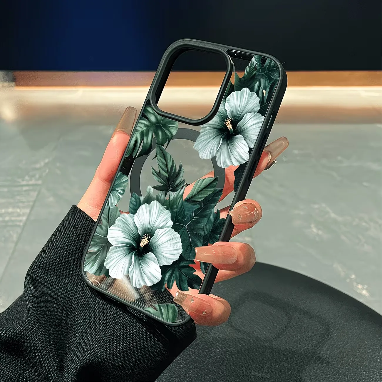 Green Floral Print Phone Case For iPhone 17 16 15 14 13 12 11 Pro XS Max X XR Plus Mini Air 17e 16e Clear MagSafe Magnetic Cover - view 3