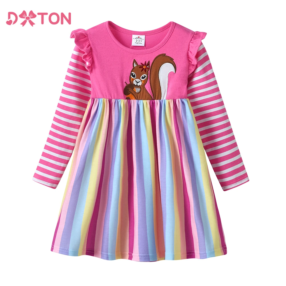 

DXTON Toddler Cotton Girls Dress Squirrel Applique Children Casual Clothes Rainbow Stripe Long Sleeve Kids Dress For Girls 3-12Y