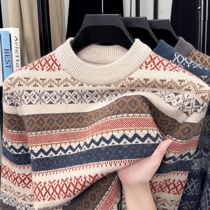 

Advanced ethnic style jacquard sweater men's fashion brand diamond grid Korean youth winter casual round neck knitted pullover
