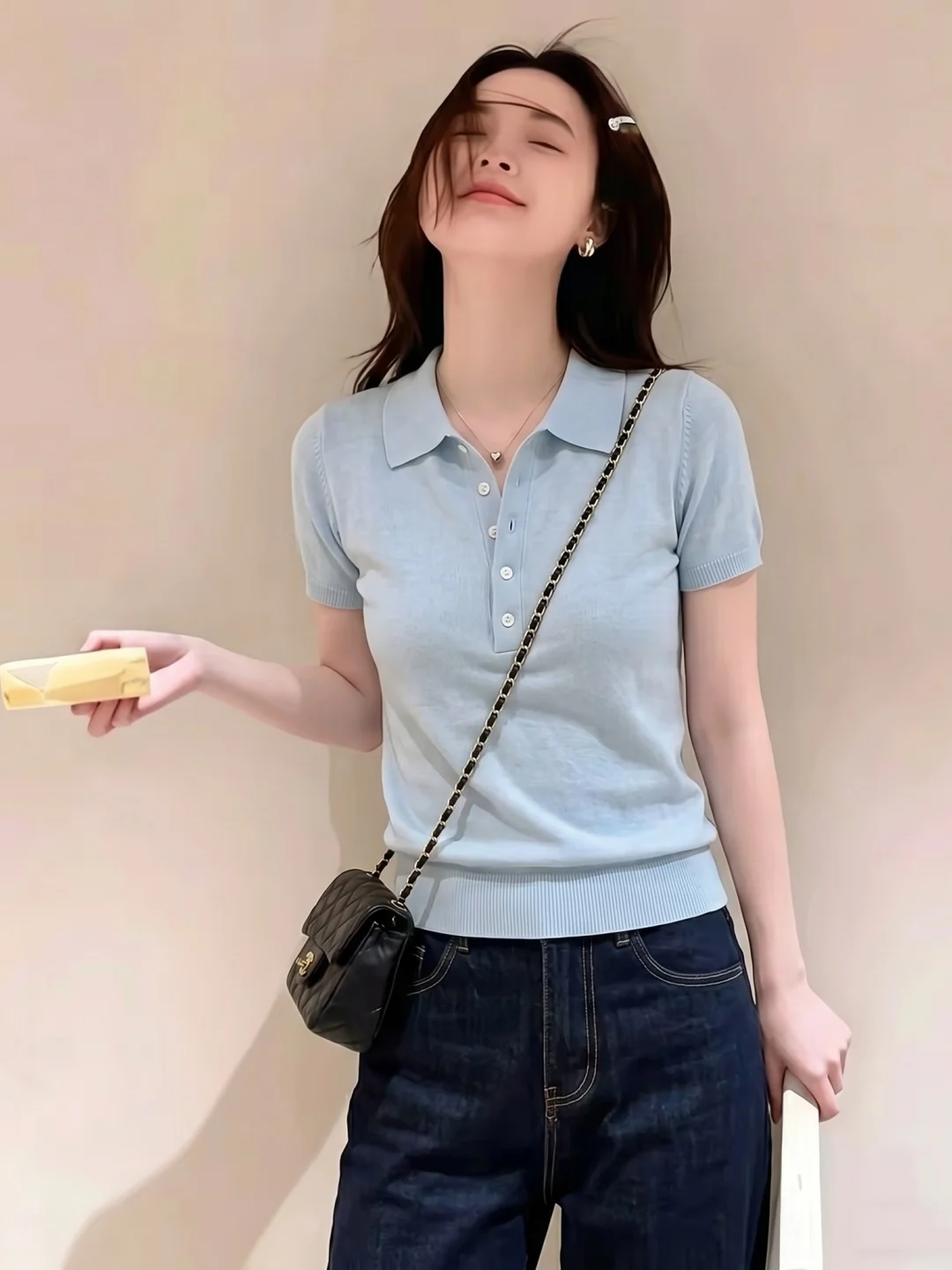 

Korean Style Simple Fashion Neck Knitwear Short Sleeve Top for Women Summer Versatile Commute High End Feeling