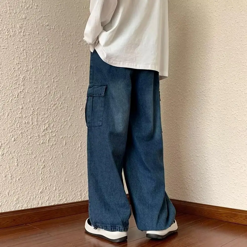 سروال أنيق كبير الحجم مع خصر مطاطي ، جينز متعدد الاستخدامات ، بنطلون واسع الساق ، تصميم واسع الساق ، جيوب متعددة