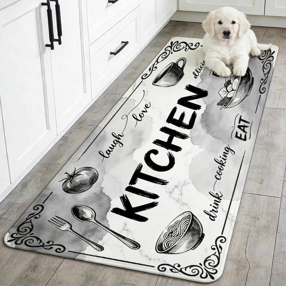 Grey Marble Ink Kitchen Tableware Text Runner Mat Anti Slip Absorbent Rug Vintage Black Cooking Print Carpet Bathroom Cooking