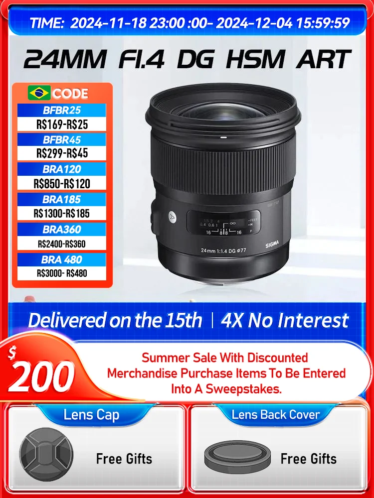 Sigma 24mm F1.4 DG HSM Art Full Frame Wide Angle Prime Digital SLR Camera Lens for Canon 6DII Nikon D850 Sony A7 IV 24 1.4（Used）