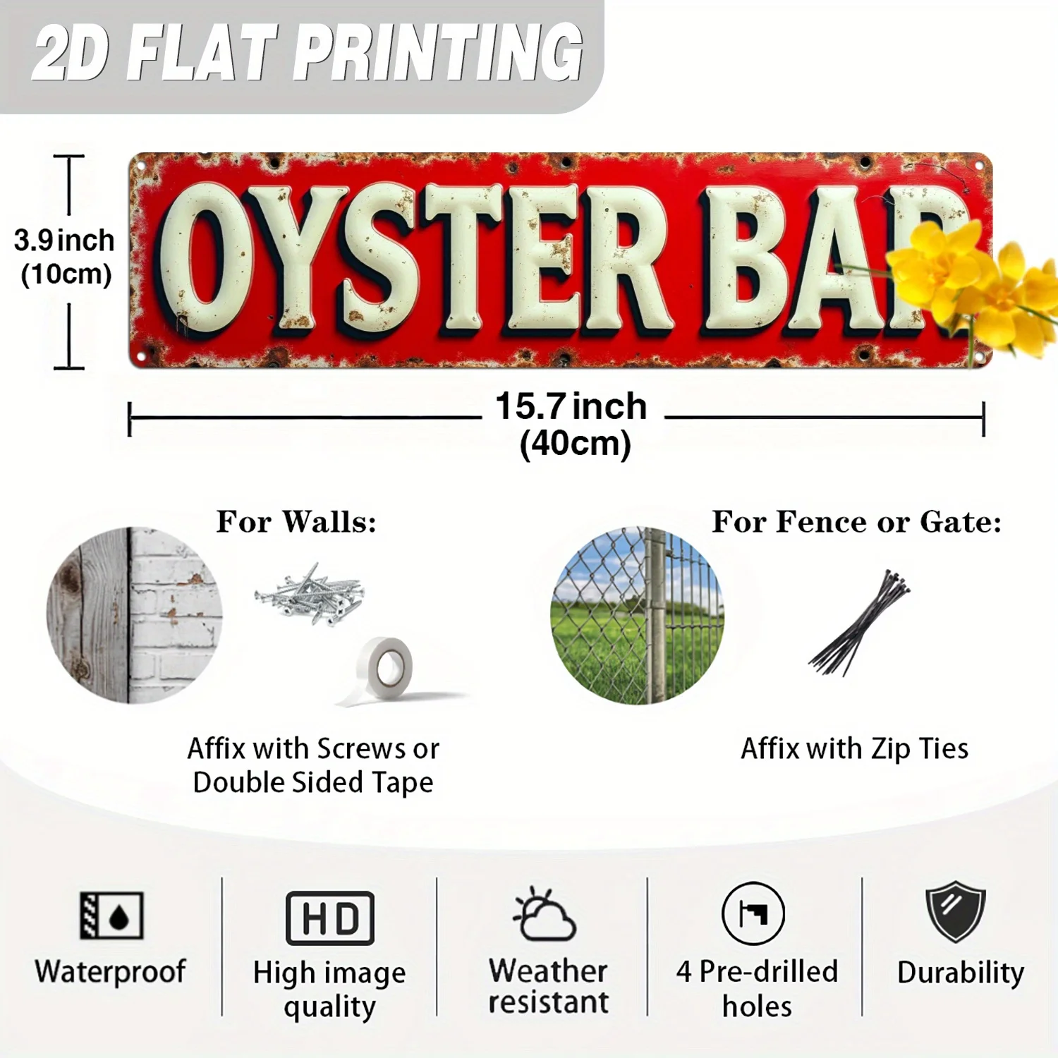 Vintage Metal Plate of a Flat 2D Oyster Bar - Rustic Wall Decoration Featuring 
