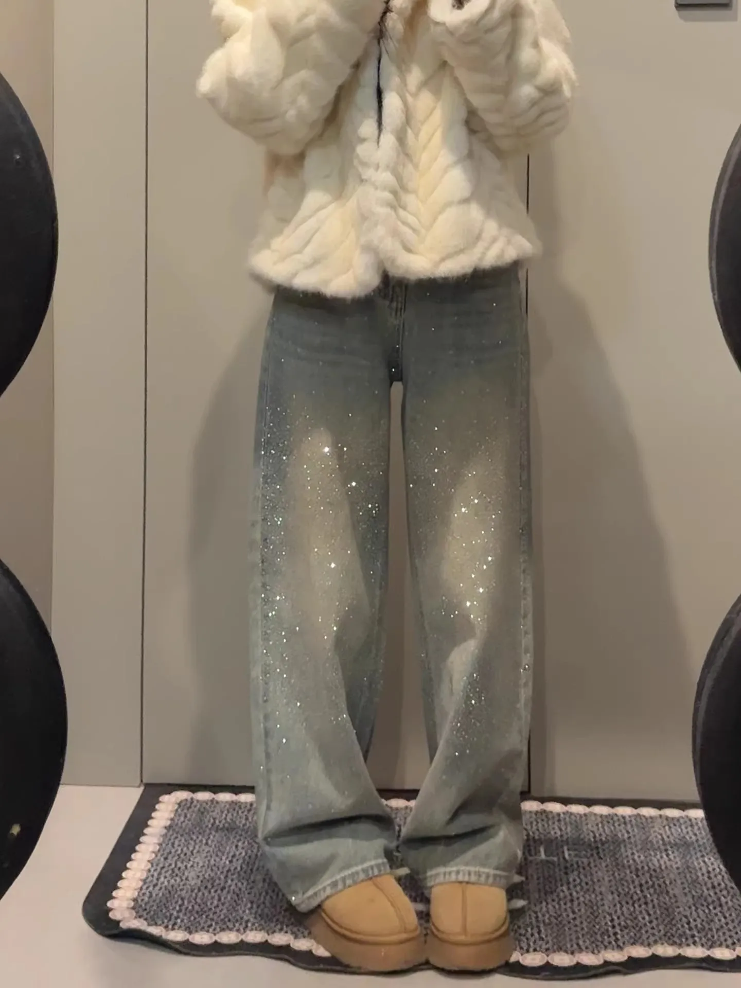 

American Style Fleece Lined Wide Leg Jeans Women's Winter Thickened Large Size Loose Fit High Waist Straight Leg Long Pants
