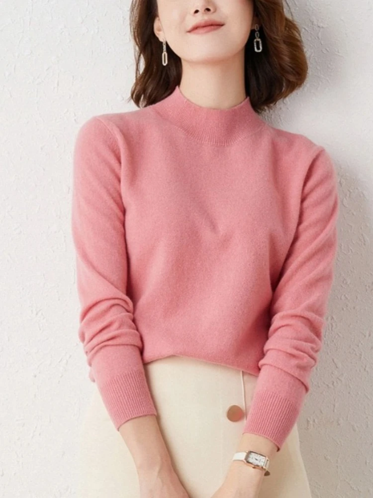 Nuovo maglione da donna autunno inverno moda coreana camicie con fondo caldo collo mezzo alto maglieria top a maniche lunghe solidi pullover