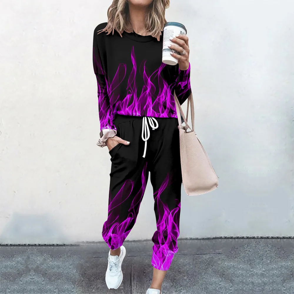 Spring Autumn Long Sleeve Green Fire Print Pullover and Pant Women Casual Sweatshirt 2-piece Set Jogger Sports Suit