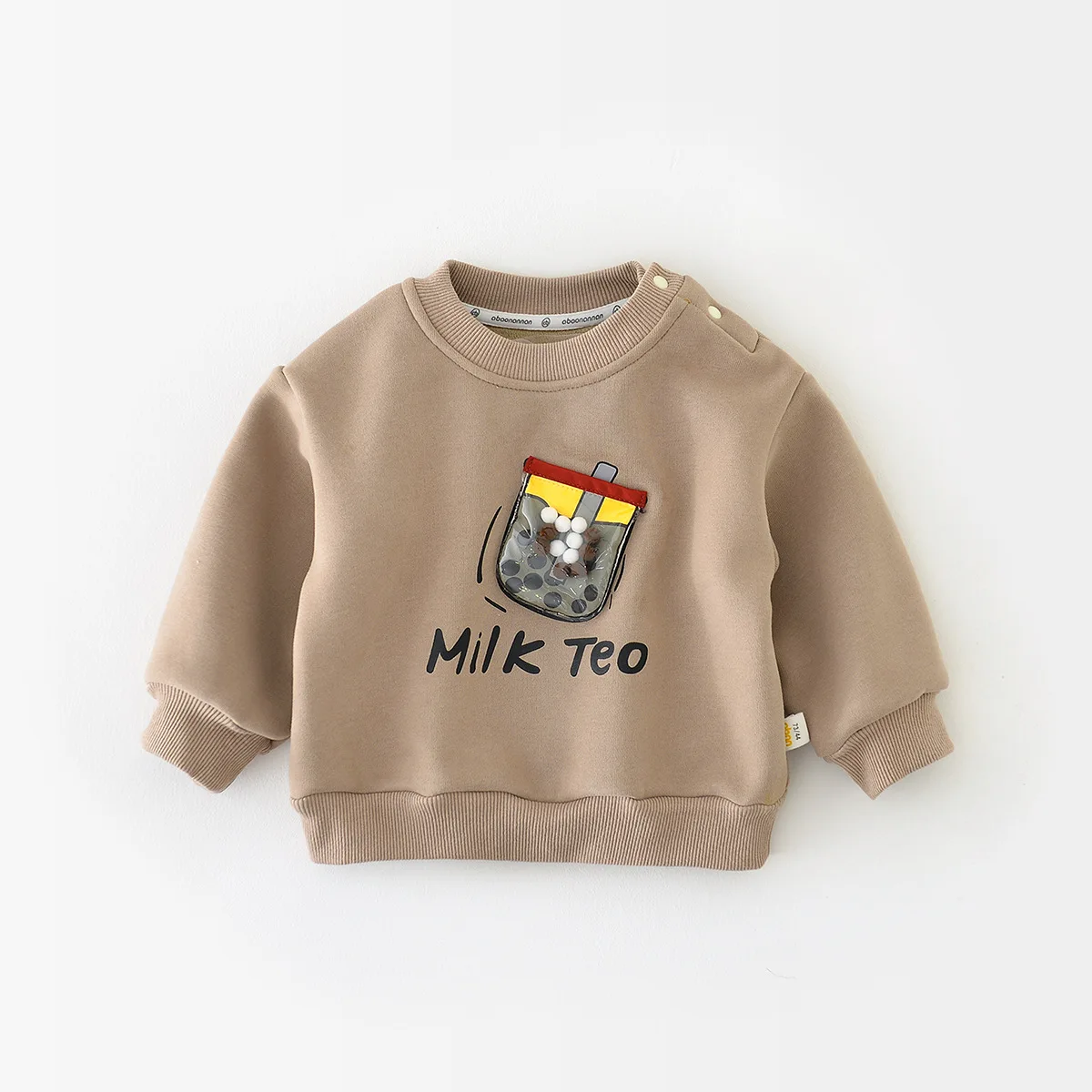 

2023 Winter New Toddler Boy Girls Milktea Print Long Sleeve Sweatshirt Newborn Plus Velvet Thick Tops Baby Infant Warm Pullover