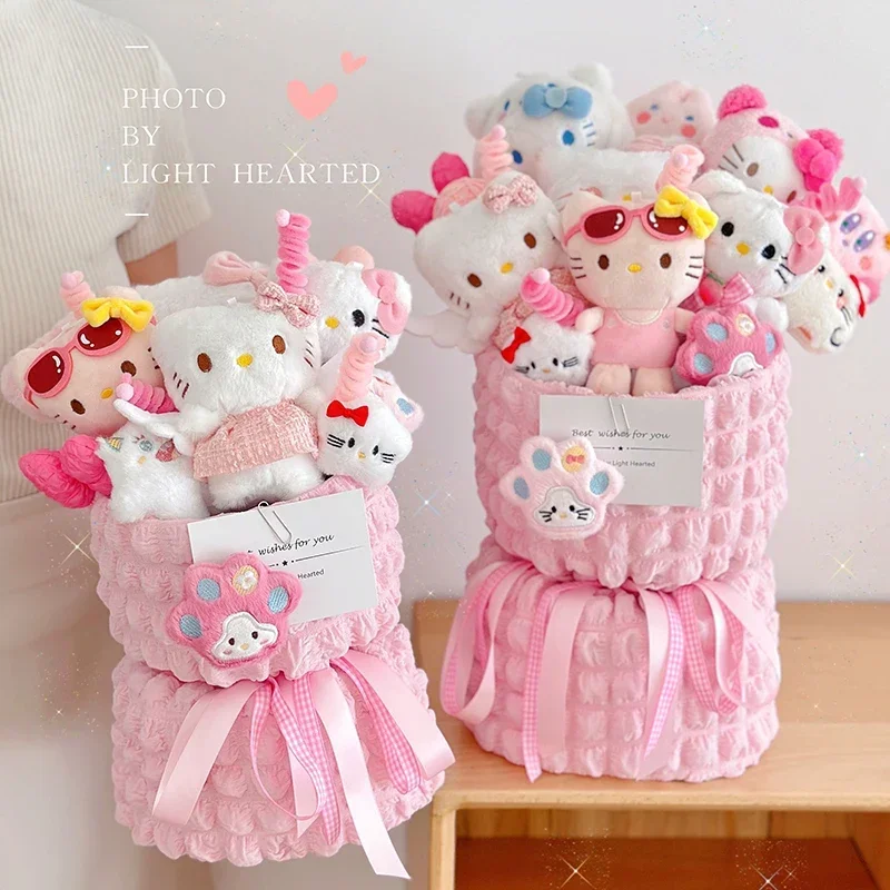 Sanrio Hello Kitty Bouquet Cute Dolls  Kuromi  Melody Plush Bouquet Cinnamoroll  Decorative Doll  Valentine's Day Gift for Girls